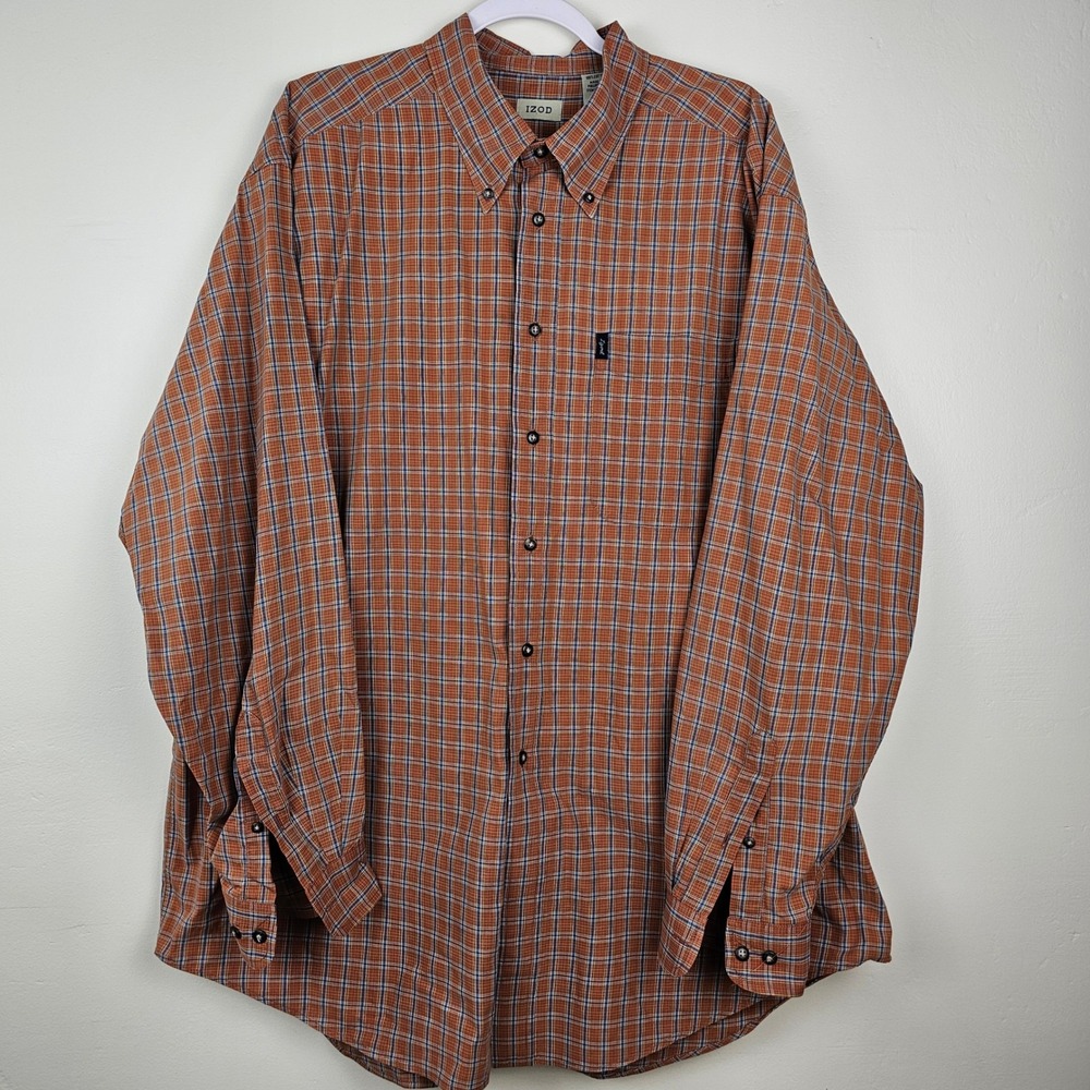IZOD Button Down Shirt Mens XL Orange Plaid Long Sleeve Cotton Casual